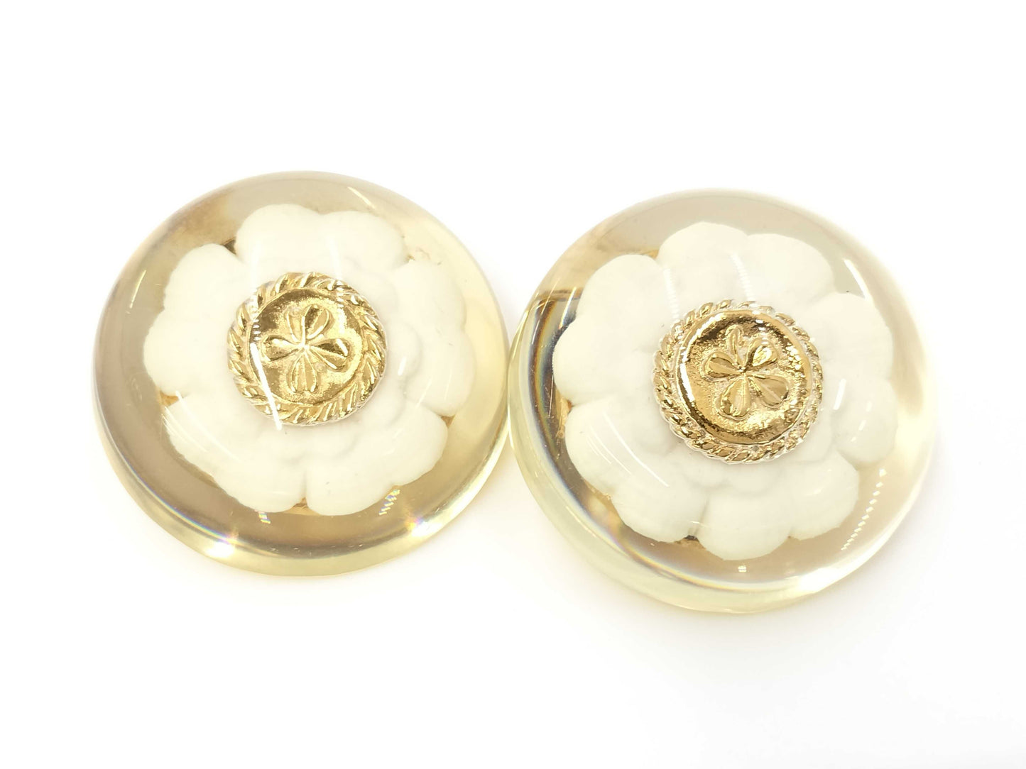 CHANEL engraved camellia and clover large earrings