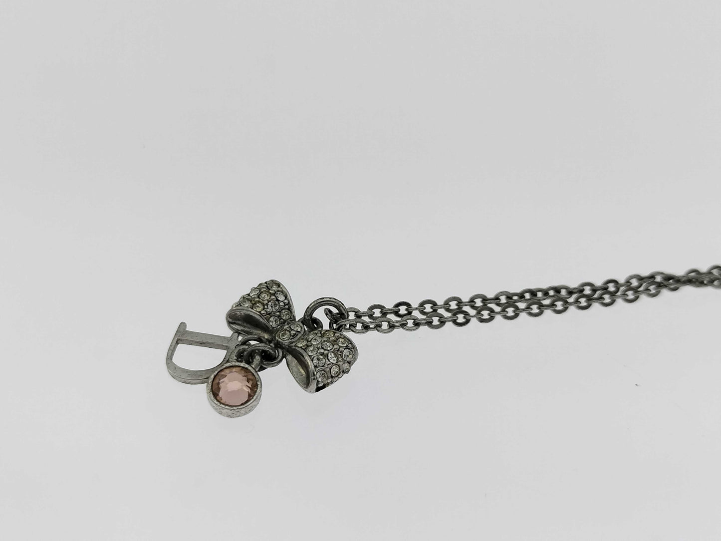 Dior Silver D Mark Ribbon Rhinestone Necklace