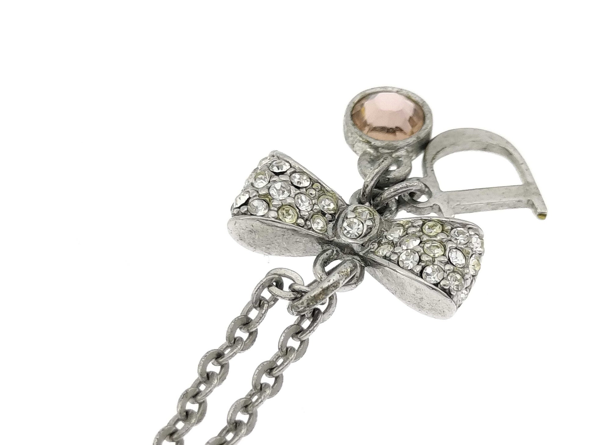 Dior Silver D Mark Ribbon Rhinestone Necklace