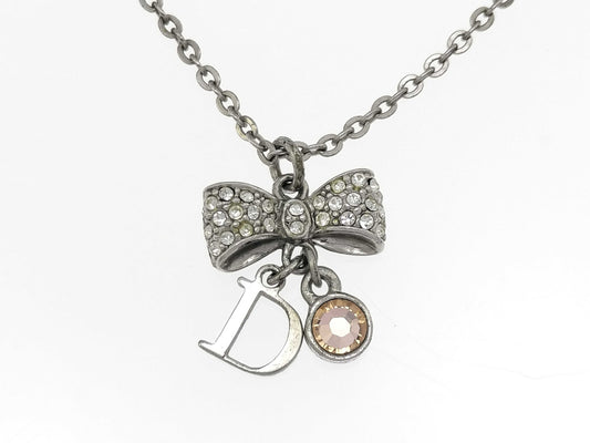 Dior Silver D Mark Ribbon Rhinestone Necklace