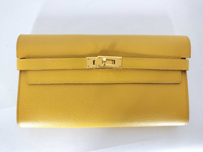 HERMES Kelly Wallet, Epson, C Stamp, Jaune Ambre, Gold Hardware