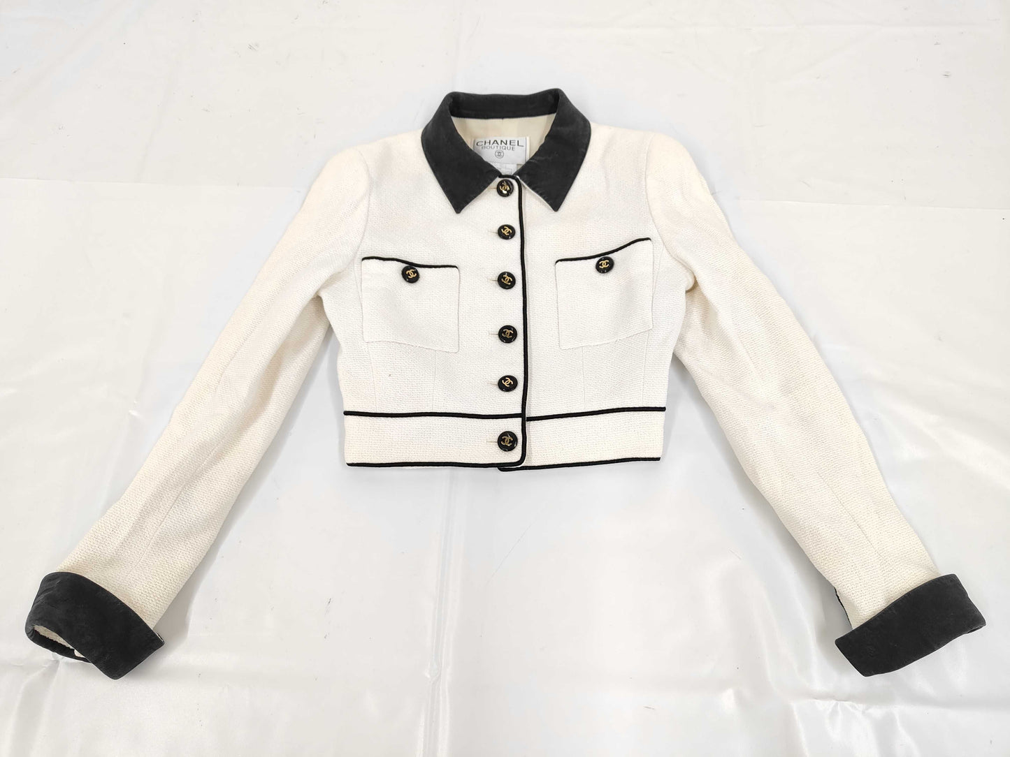 CHANEL P95 Coco Button Cropped Jacket Black White Size 36 Jacket