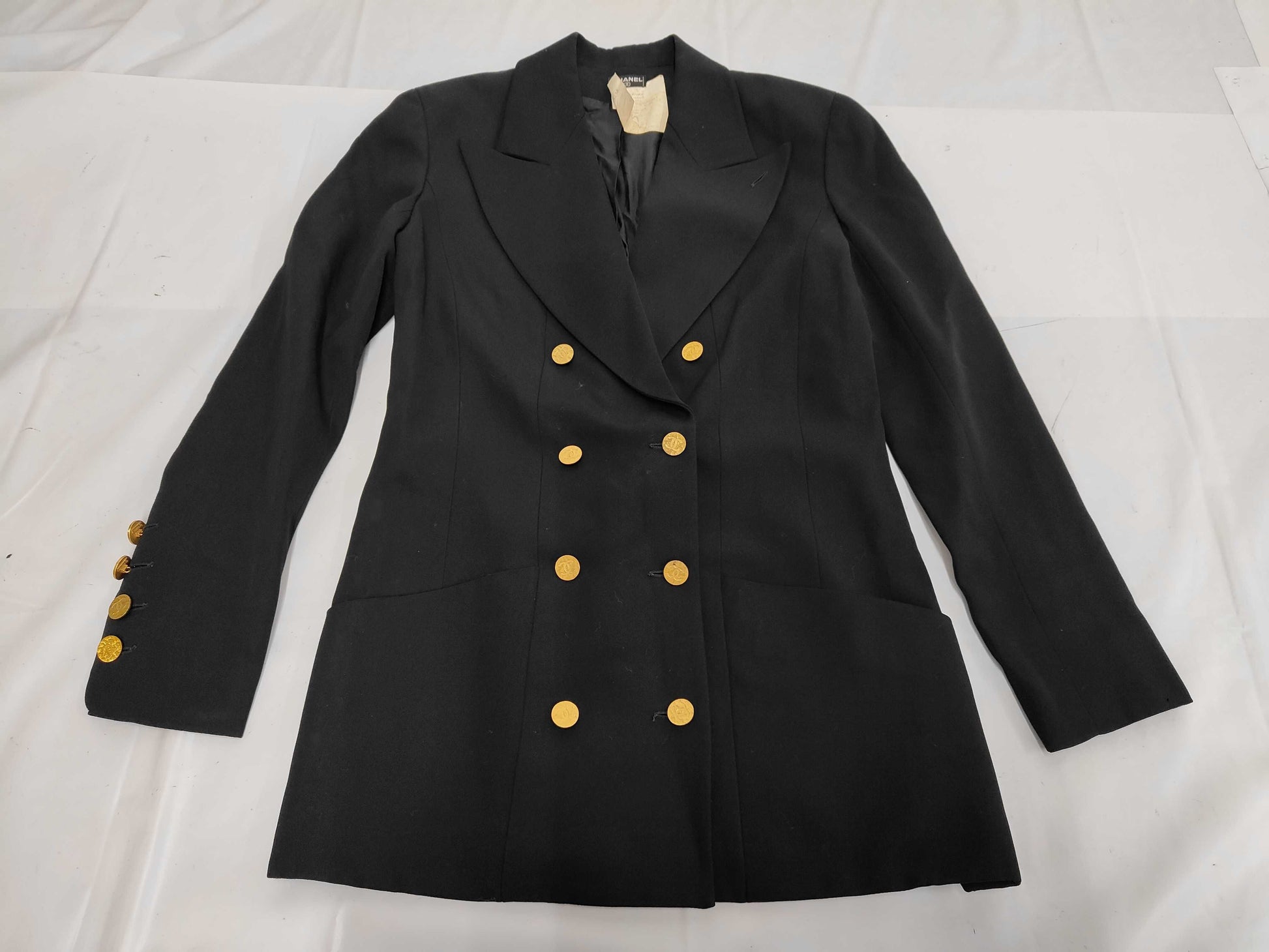 CHANEL Wool Double-Breasted Jacket with Coco Buttons PO2059 Black Size 38