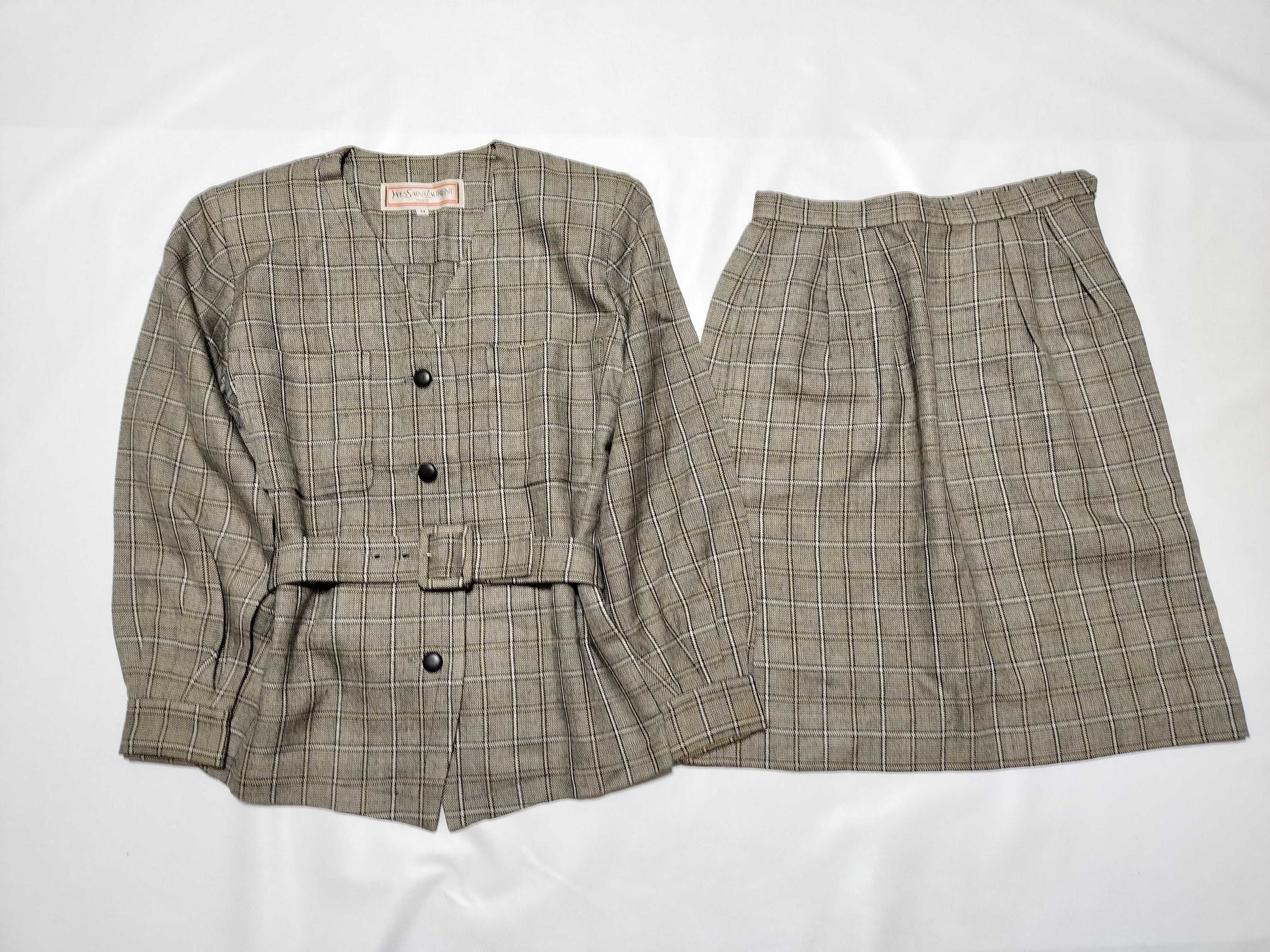 Yves Saint Laurent Wool Check Set, Beige, Size M, Other Apparel