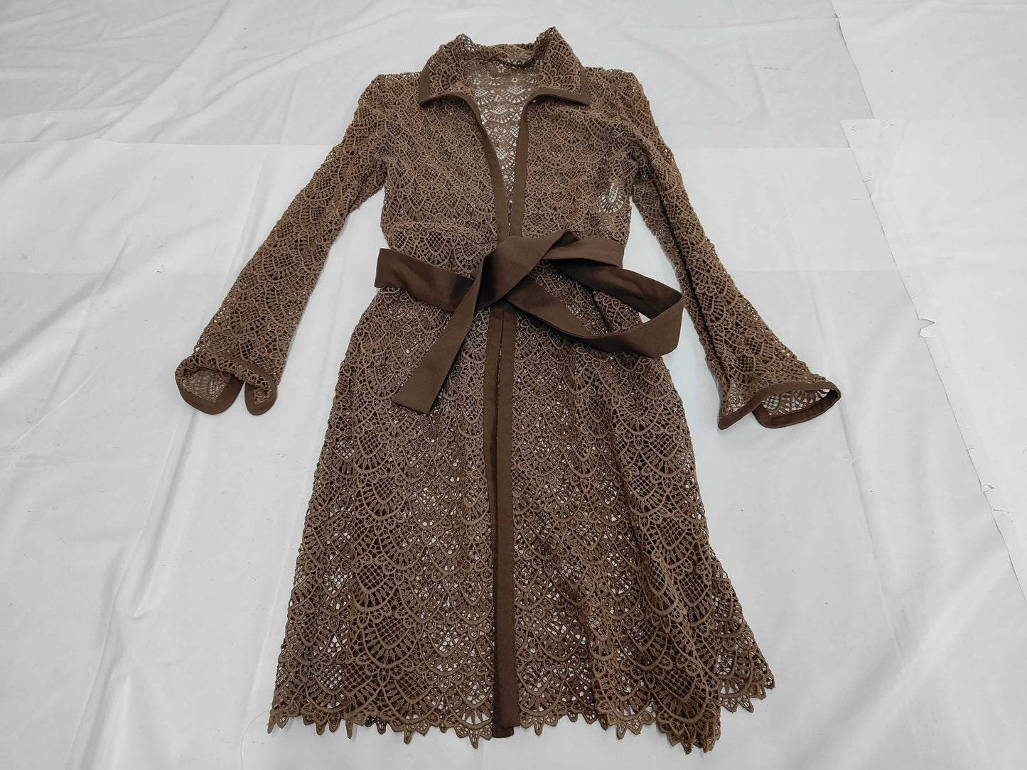 VALENTINO Cotton Full Lace Belted Coat Brown Size 42 Cardigan