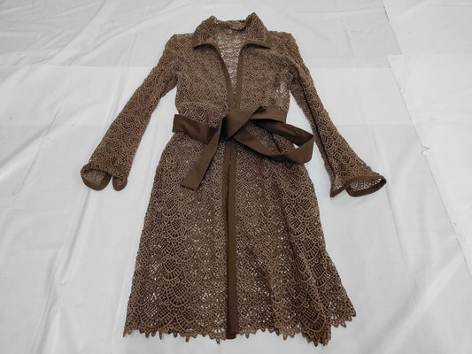 VALENTINO Cotton Full Lace Belted Coat Brown Size 42 Cardigan