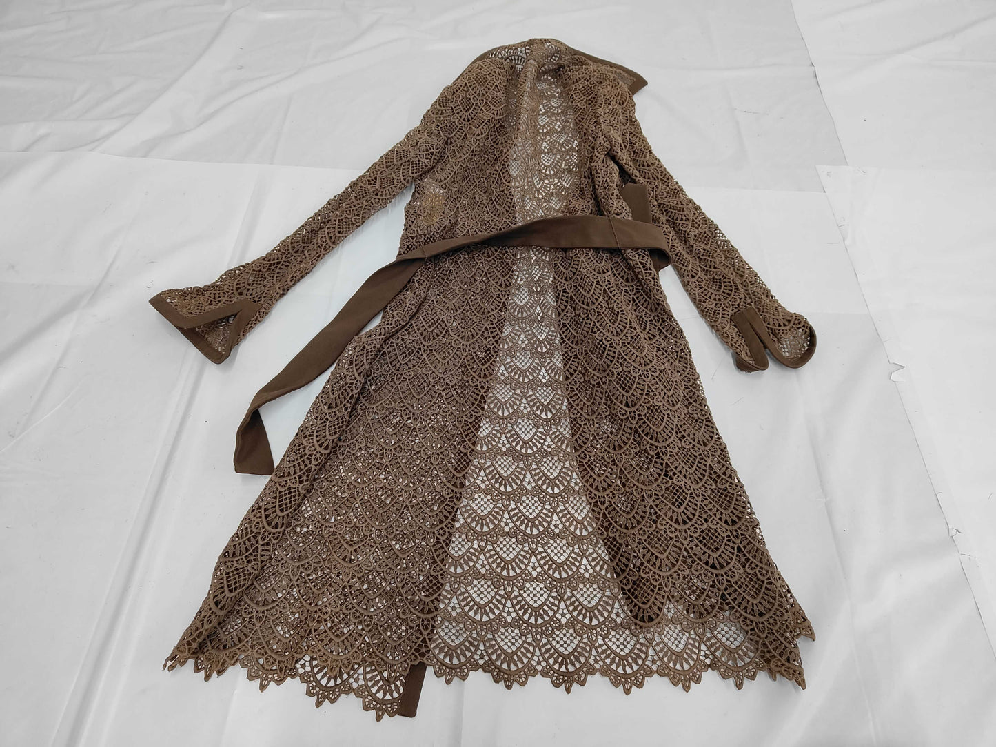 VALENTINO Cotton Full Lace Belted Coat Brown Size 42 Cardigan