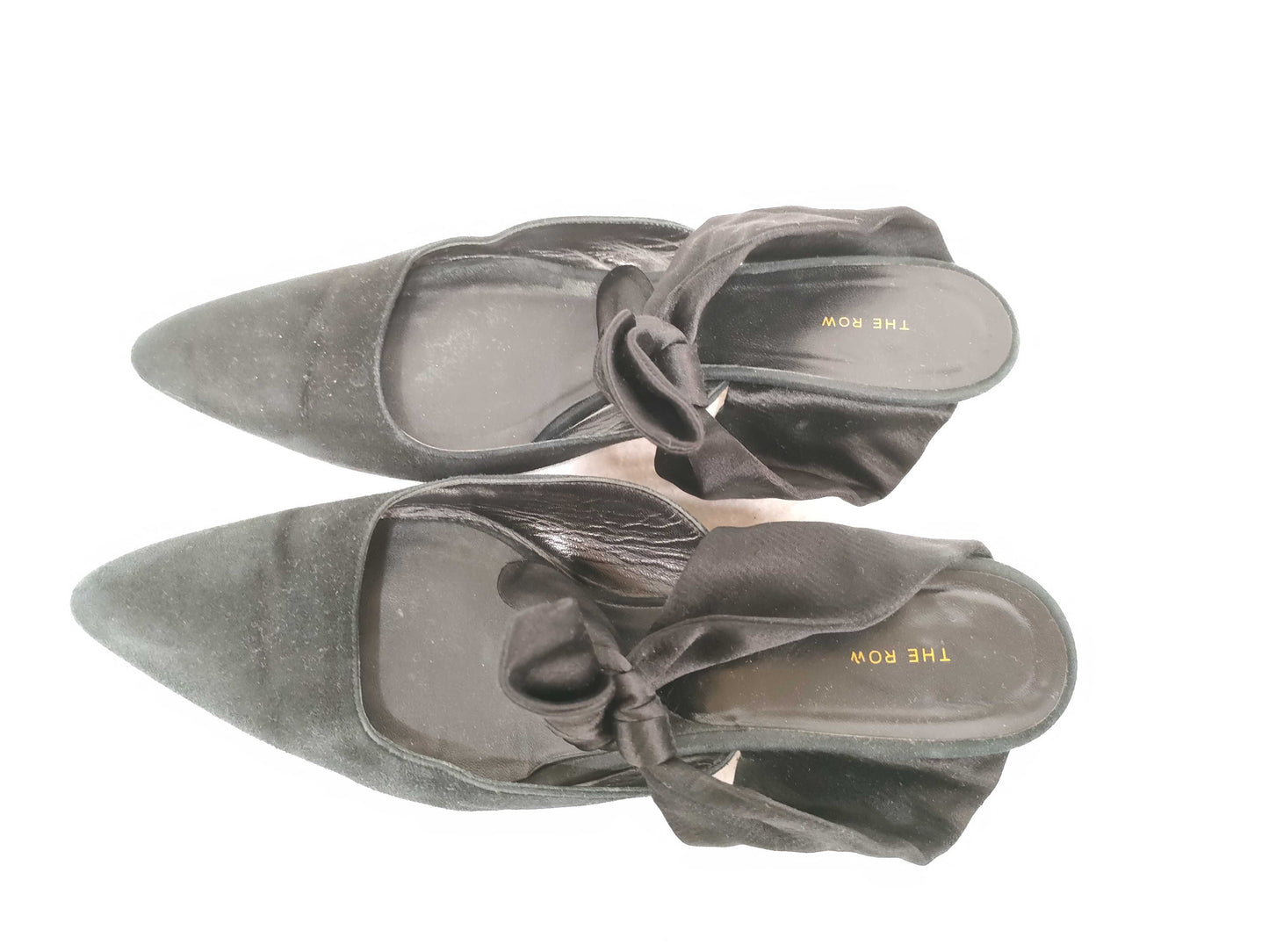 The Row COCO Suede Mules with Ribbon, Black, Size 38