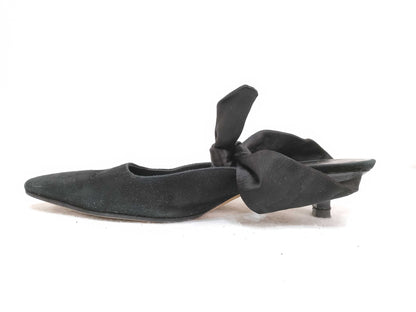 The Row COCO Suede Mules with Ribbon, Black, Size 38