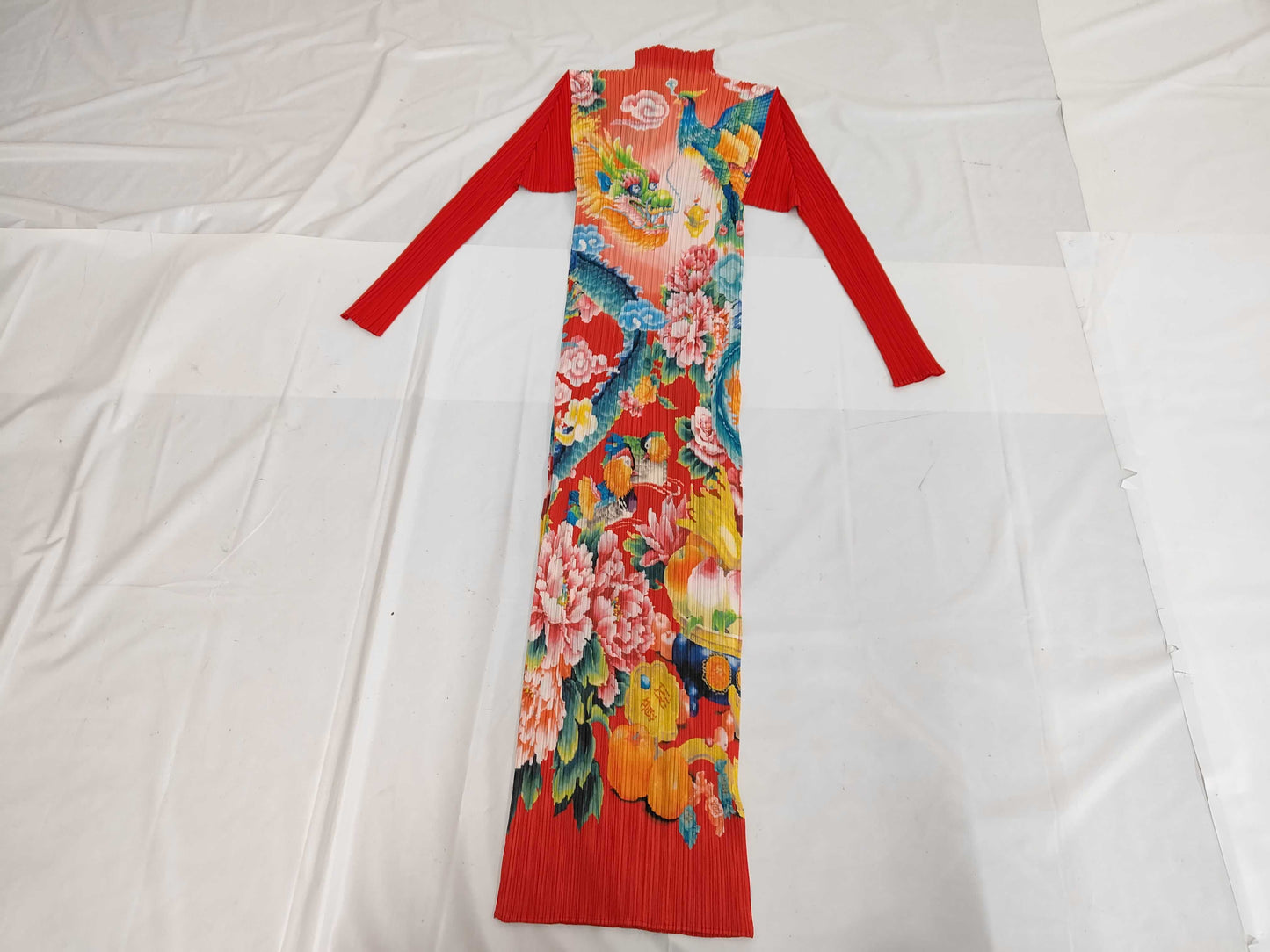 PLEATS PLEASE Issey Miyake Chinese Auspicious Dragon Print Long Dress with Side Slits