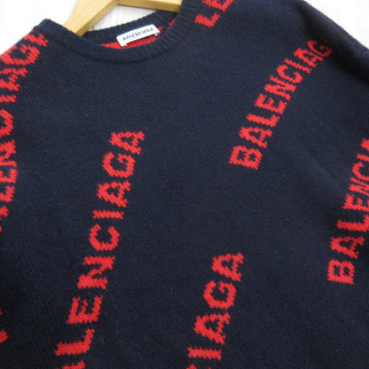 BALENCIAGA Jacquard Knit Sweater 555279 T1473 Logo Print All-Over Print XS Wool Navy Red Balenciaga Japan Tops