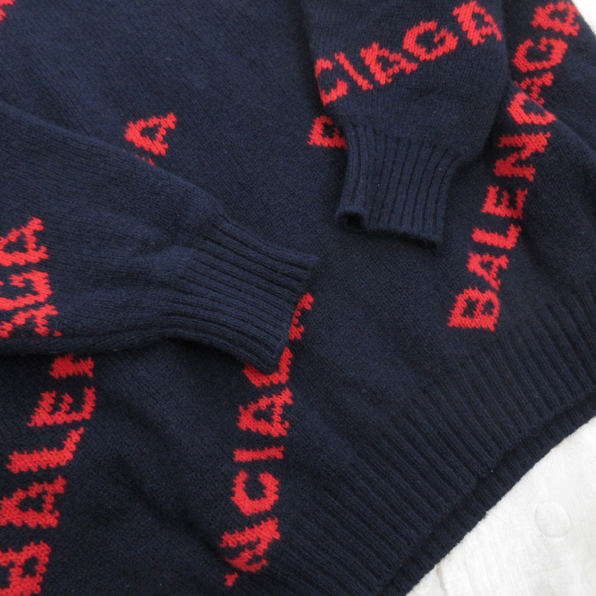 BALENCIAGA Jacquard Knit Sweater 555279 T1473 Logo Print All-Over Print XS Wool Navy Red Balenciaga Japan Tops