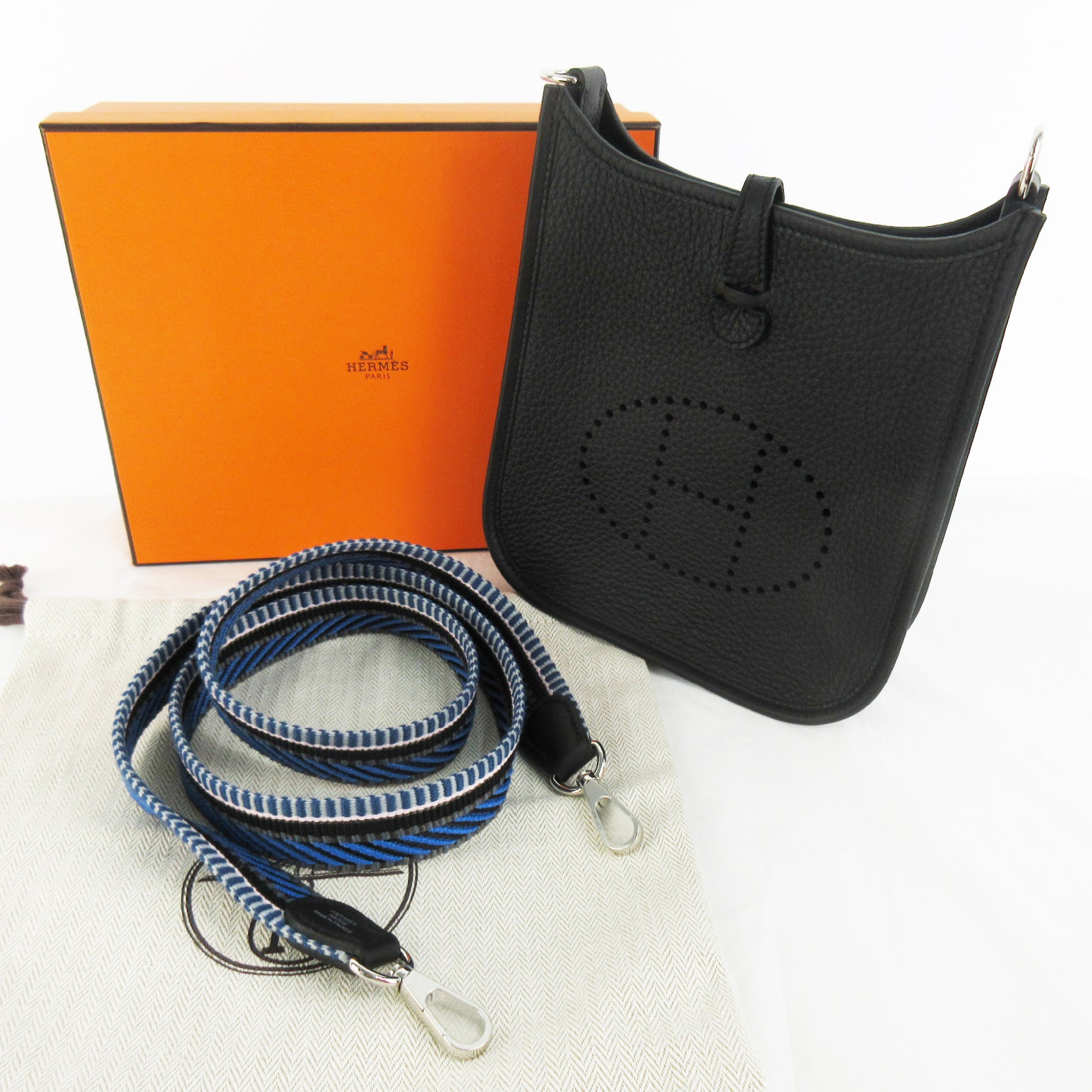 HERMES Evelyn TPM 16 Taurillon Clemence Leather Shoulder Bag in Black with Silver Hardware and Protective Seal, K Stamp