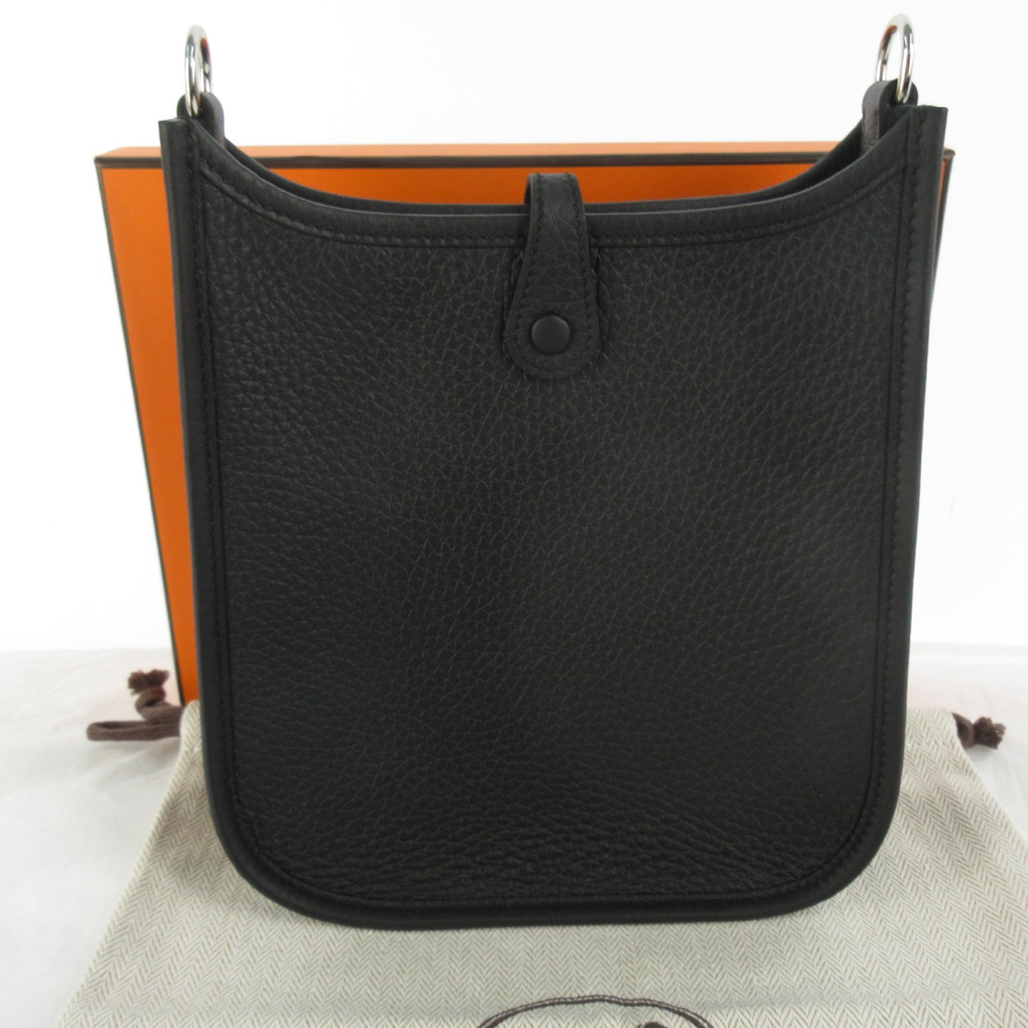 HERMES Evelyn TPM 16 Taurillon Clemence Leather Shoulder Bag in Black with Silver Hardware and Protective Seal, K Stamp