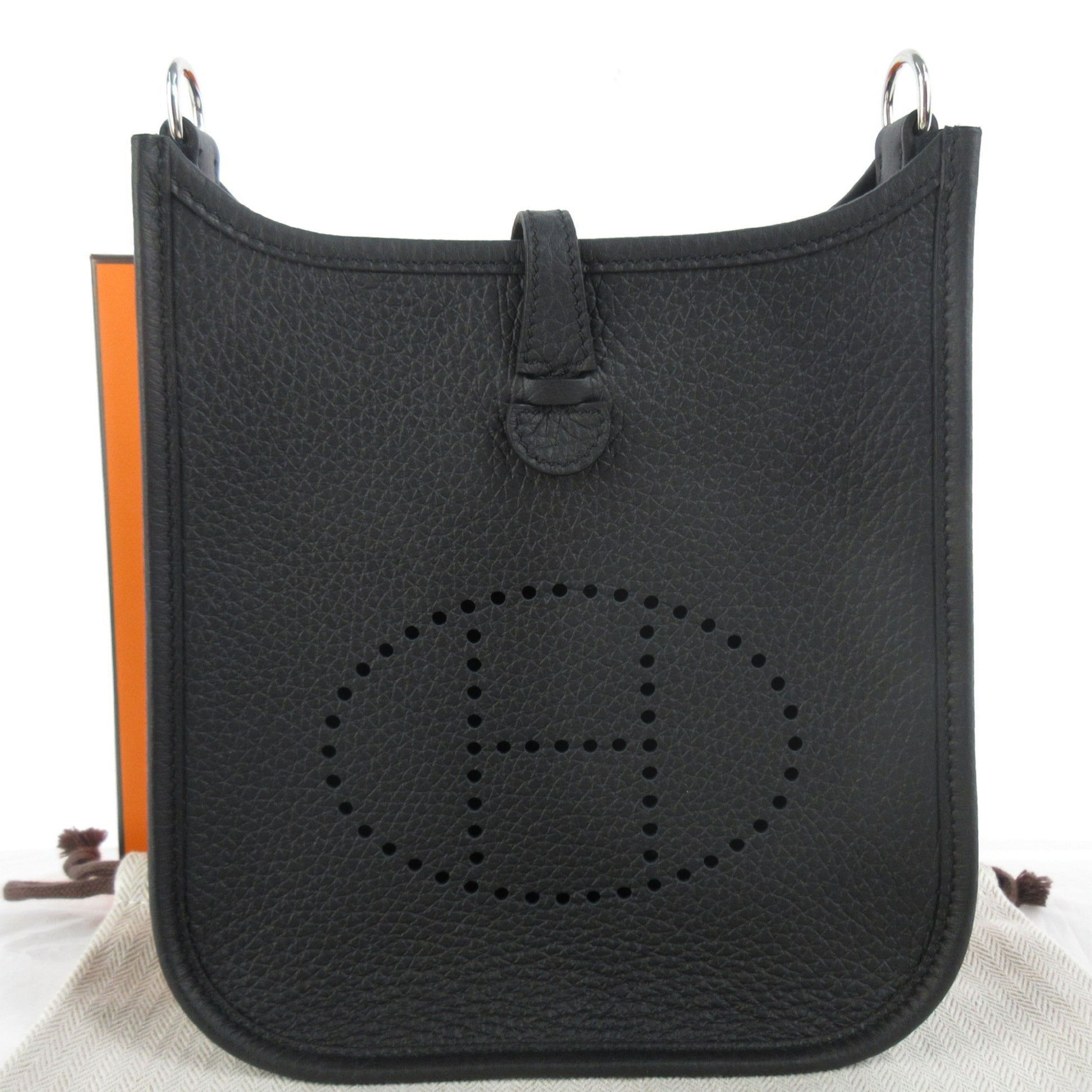 HERMES Evelyn TPM 16 Taurillon Clemence Leather Shoulder Bag in Black with Silver Hardware and Protective Seal, K Stamp
