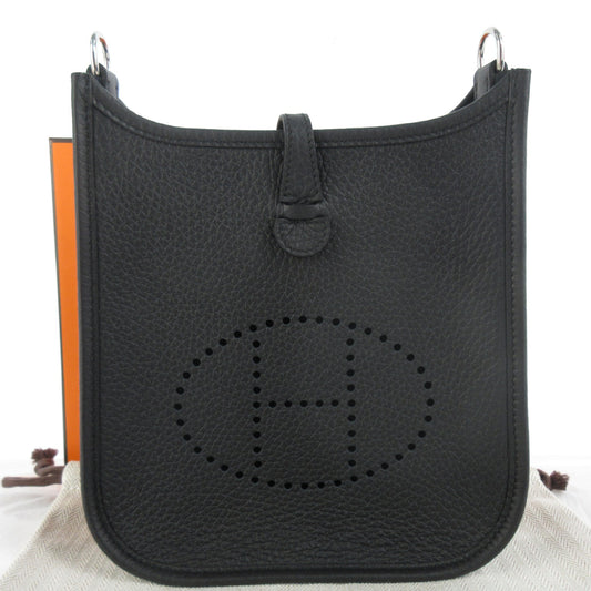HERMES Evelyn TPM 16 Taurillon Clemence Leather Shoulder Bag in Black with Silver Hardware and Protective Seal, K Stamp