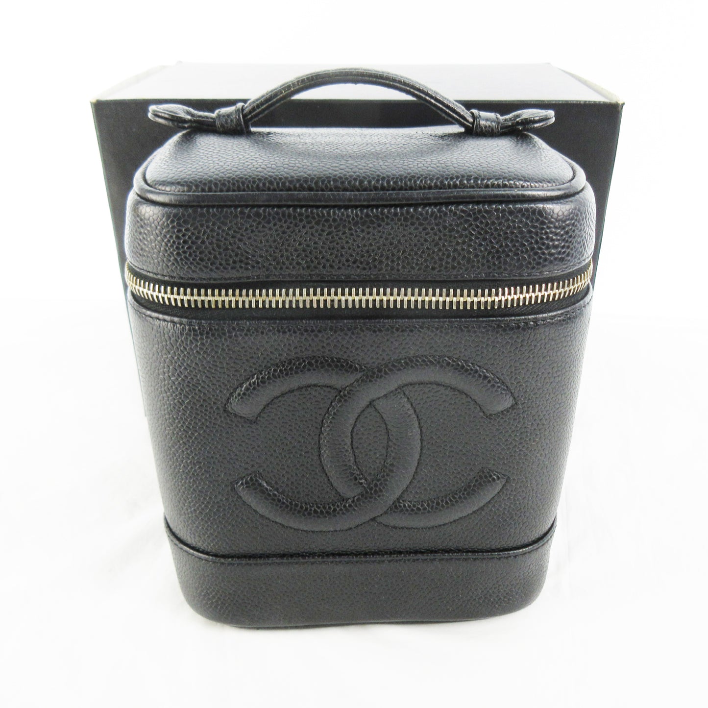 CHANEL #5 Caviar Leather Matelasse Coco Mark Black Gold Hardware Vanity Bag with Seal