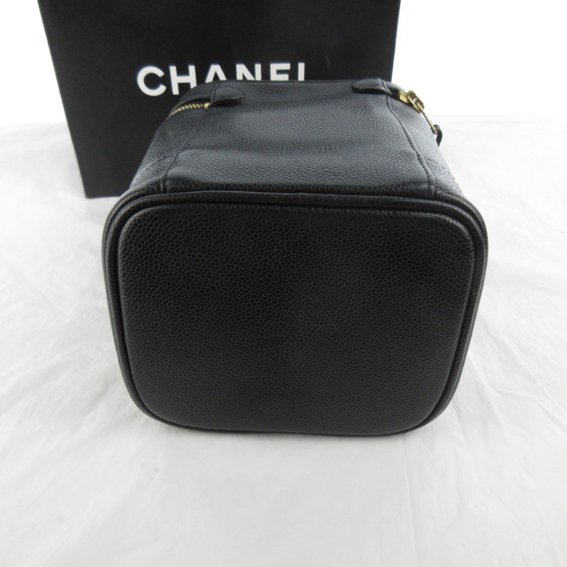 CHANEL #5 Caviar Leather Matelasse Coco Mark Black Gold Hardware Vanity Bag with Seal