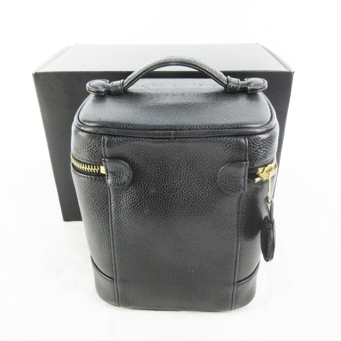 CHANEL #5 Caviar Leather Matelasse Coco Mark Black Gold Hardware Vanity Bag with Seal