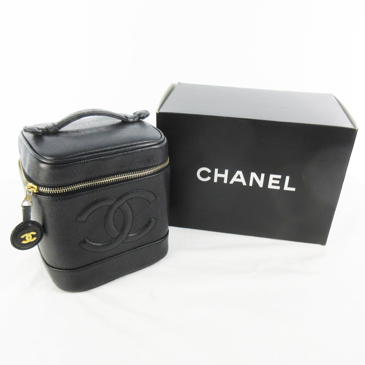 CHANEL #5 Caviar Leather Matelasse Coco Mark Black Gold Hardware Vanity Bag with Seal