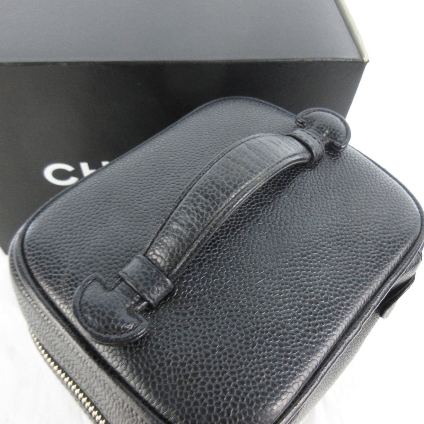 CHANEL #5 Caviar Leather Matelasse Coco Mark Black Gold Hardware Vanity Bag with Seal