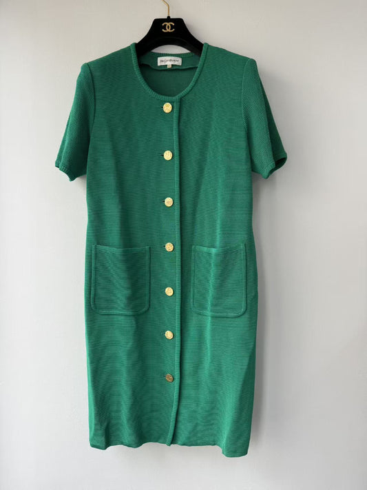 Yves Saint Laurent YSL Green Knit Dress with Gold Buttons, Vintage, Size L