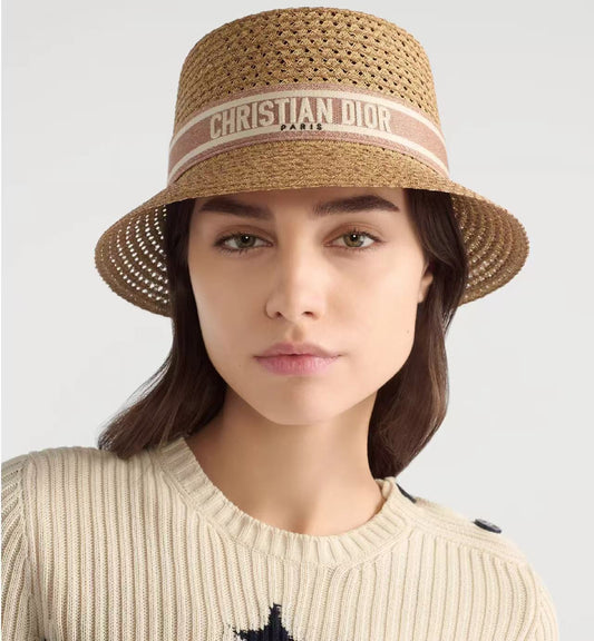 Dior D-Bobby Boeheim Hat, Brown Raffia with Logo Band, #56, Other Accessories