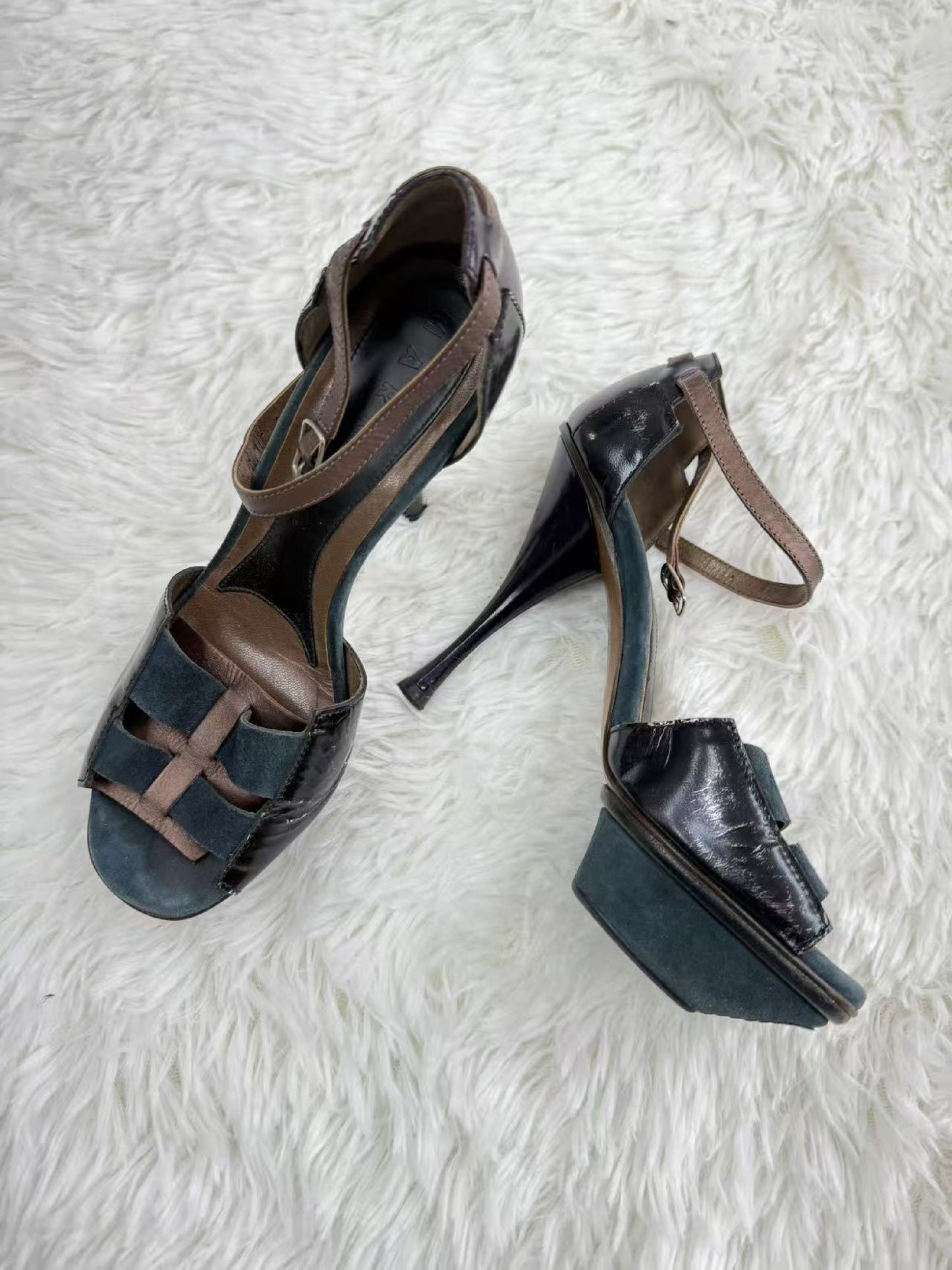 MARNI Made in Italy Size 37 High Heel Sandals with Waterproof Base, Suede and Patent Leather, Size 37 Pumps