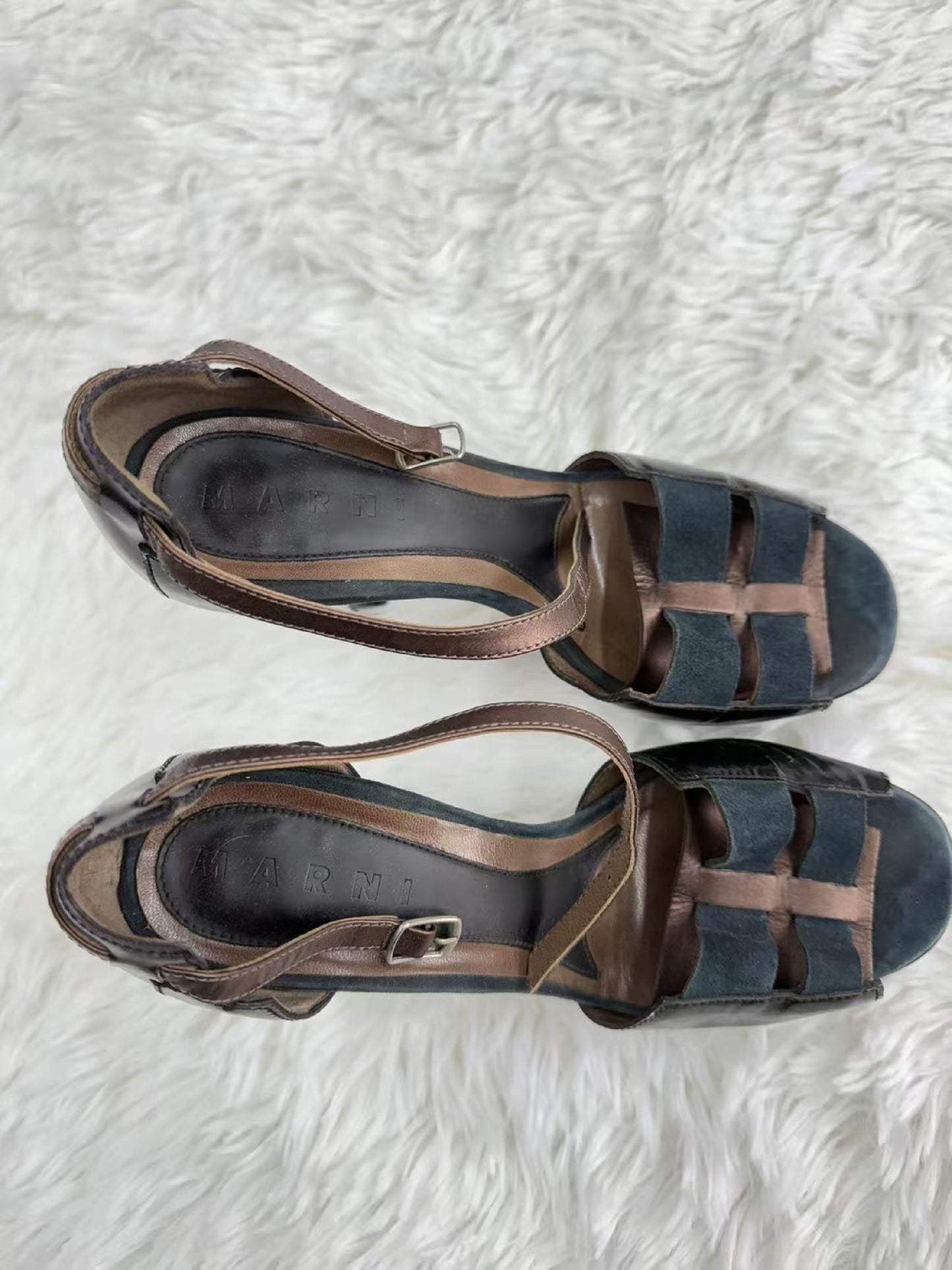 MARNI Made in Italy Size 37 High Heel Sandals with Waterproof Base, Suede and Patent Leather, Size 37 Pumps