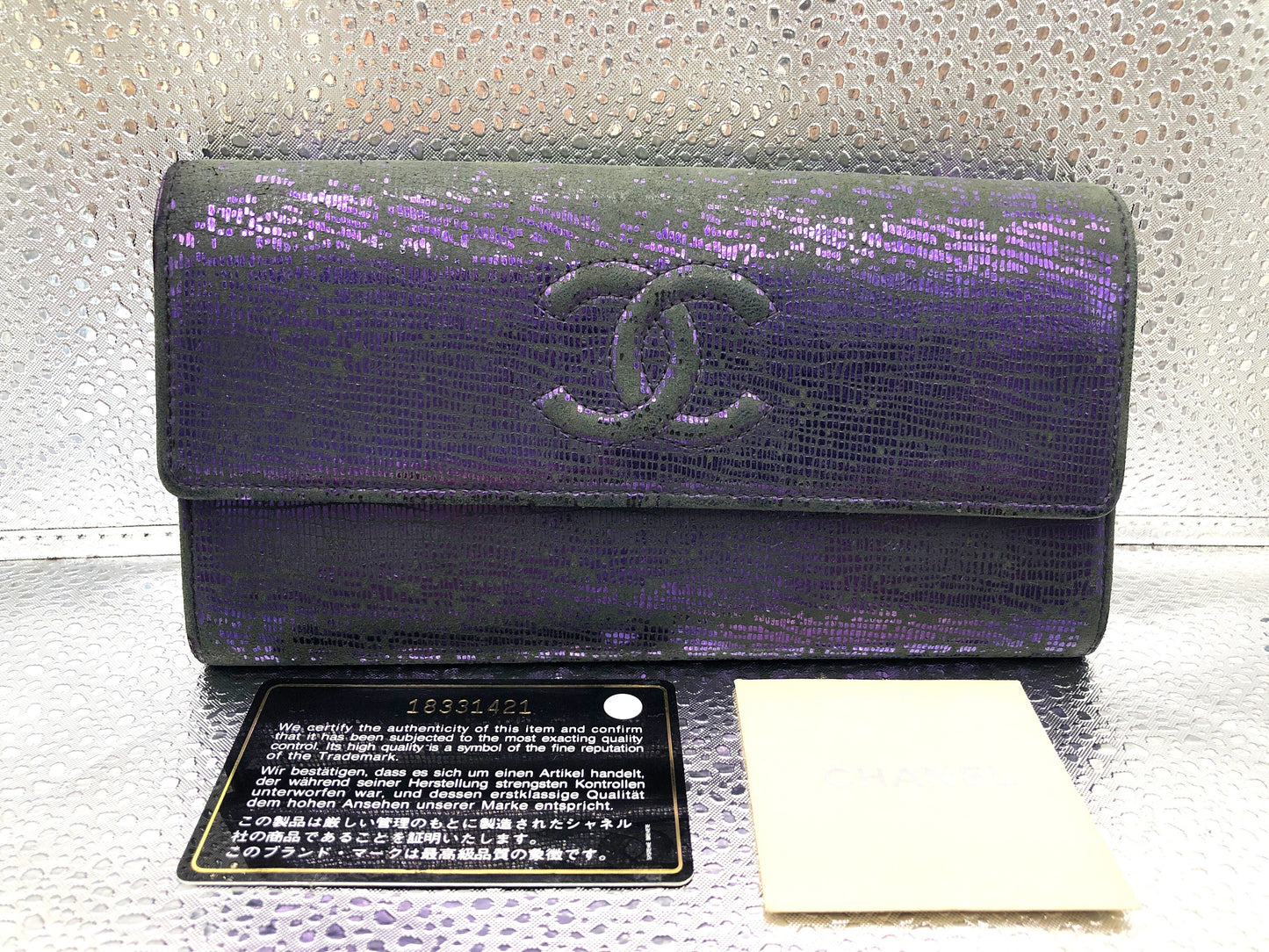 CHANEL Coco Mark Flap Long Wallet with Seal 18331421 and Guarantee Card, Patent Leather, Purple