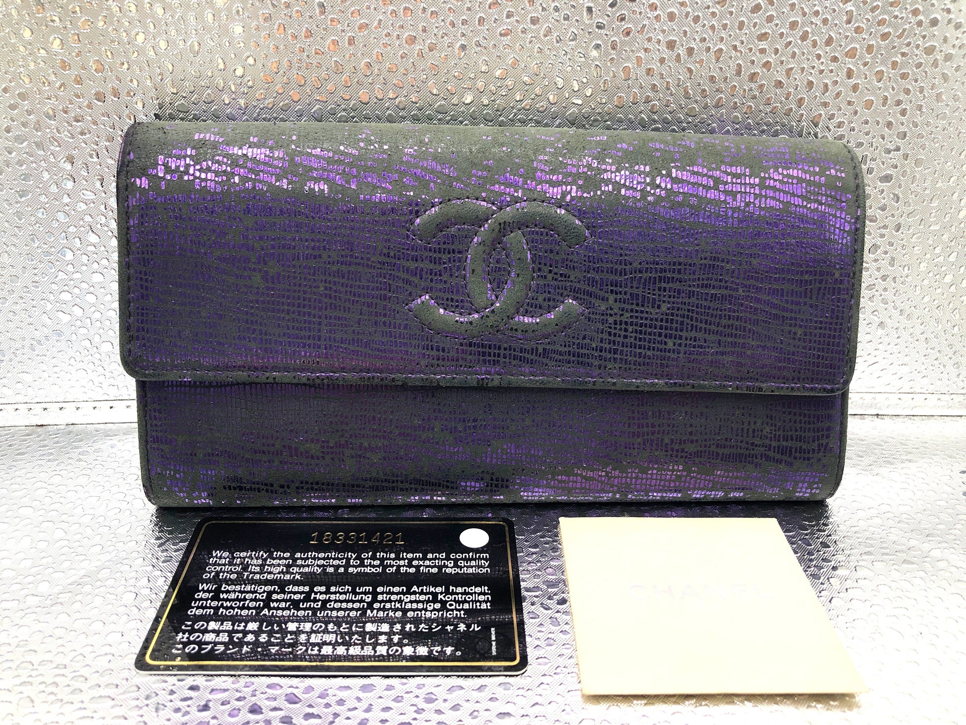 CHANEL Coco Mark Flap Long Wallet with Seal 18331421 and Guarantee Card, Patent Leather, Purple