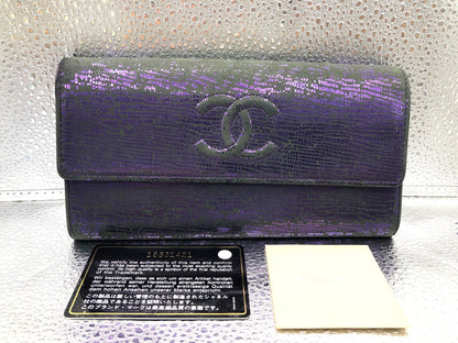 CHANEL Coco Mark Flap Long Wallet with Seal 18331421 and Guarantee Card, Patent Leather, Purple