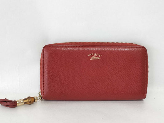 GUCCI Bamboo Leather Round Zip Long Wallet Bamboo Wallet