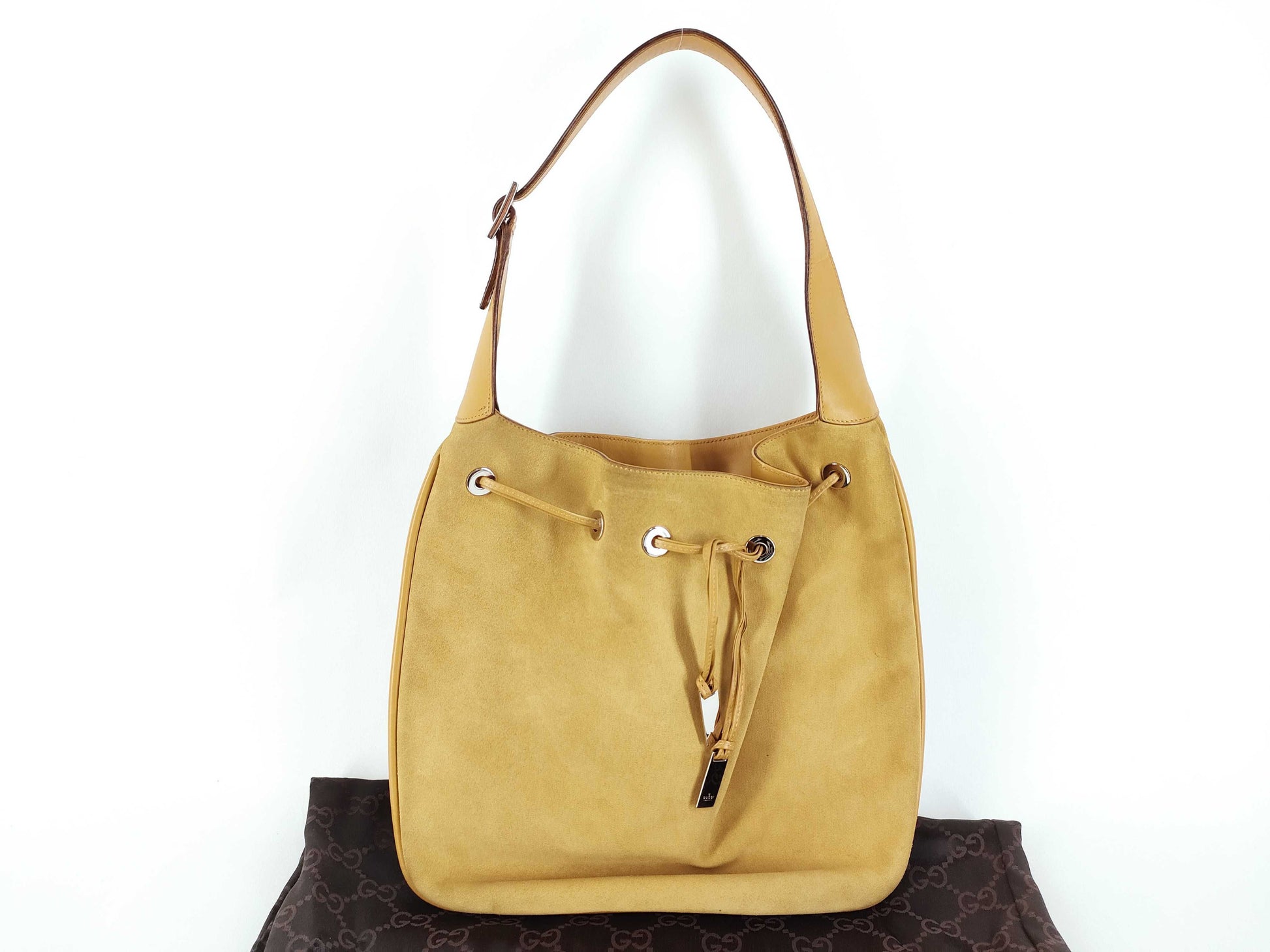 GUCCI Drawstring Handbag Suede Shoulder Bag