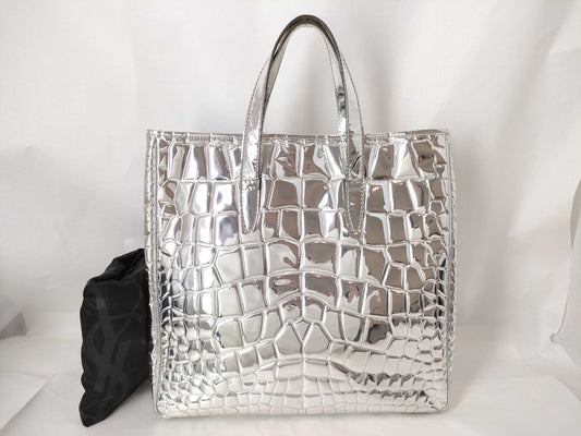 Yves Saint Laurent 188651 Tote Bag Handbag Embossed PVC Silver Tote Bag