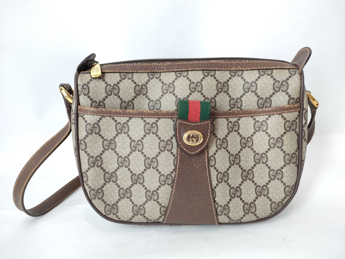 GUCCI GG Supreme Shoulder Bag, Sherry Line, PVC/Leather, Brown, 89.02.032