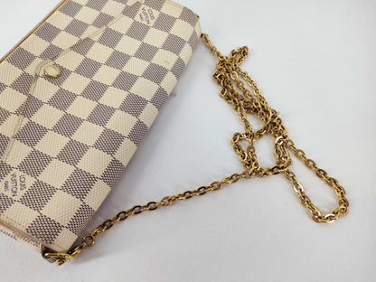 LOUIS VUITTON Damier Azur LOUIS VUITTON N63106 Azur Pochette Felicie Shoulder Bag with Shoulder Strap, Coin Case, and Card Case