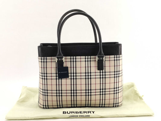 BURBERRY Check Leather Handbag Beige/Black W31cm Tote Bag