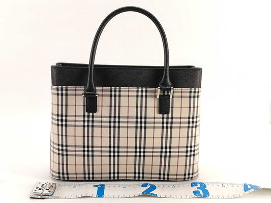 BURBERRY Check Leather Handbag Beige/Black W31cm Tote Bag