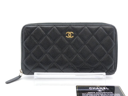 CHANEL Matelasse Coco Mark Caviar Leather Round Zip Wallet