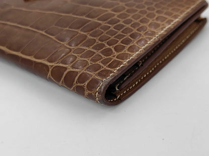 HERMES Bearn Soufflet Alligator Matte Brown Wallet with Gold Hardware and D Stamp