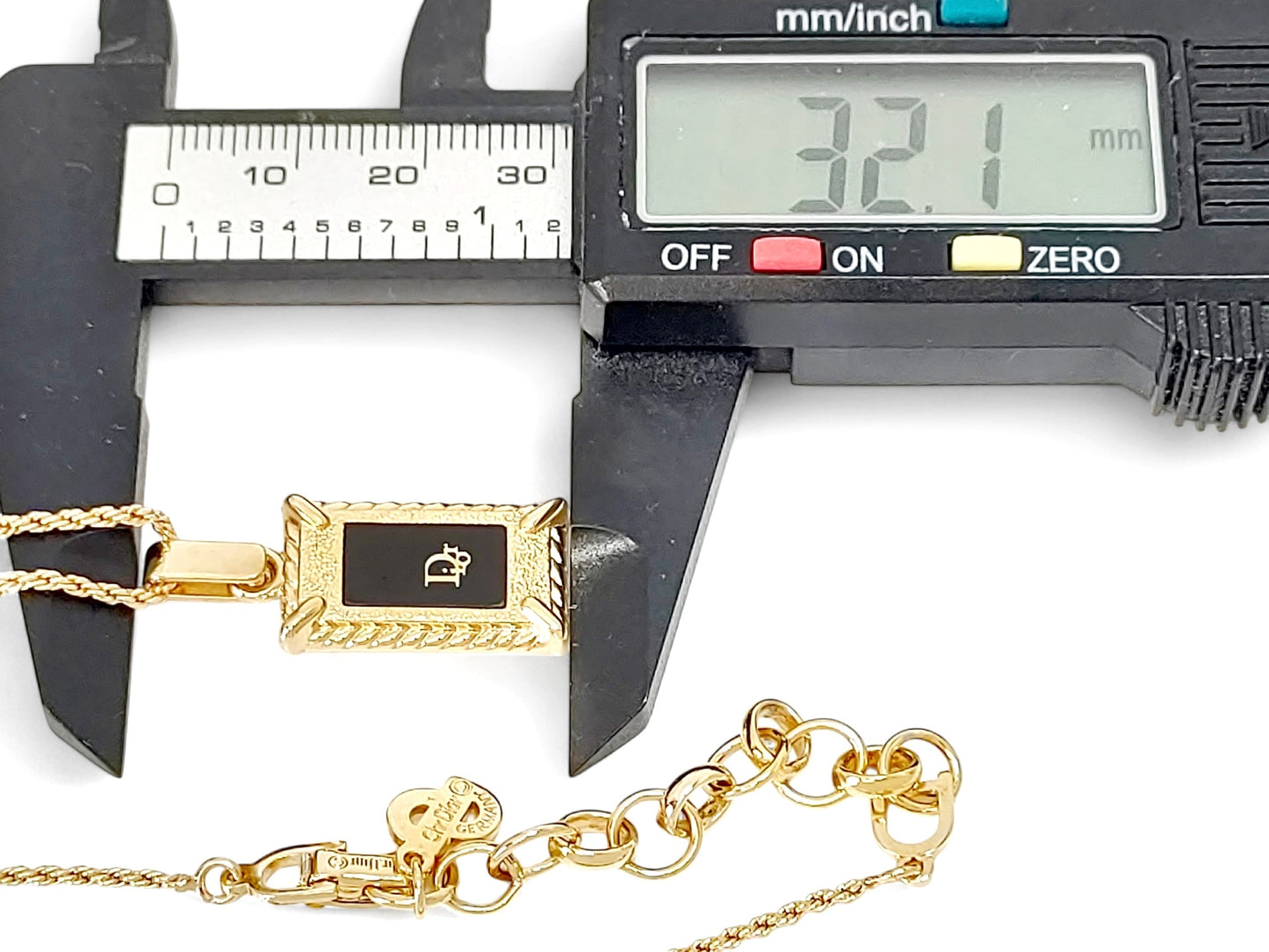 Dior Christian Dior Gold & Black Pendant Necklace with Logo and Plate Design, Made in GEARMANY Engraving, 11g