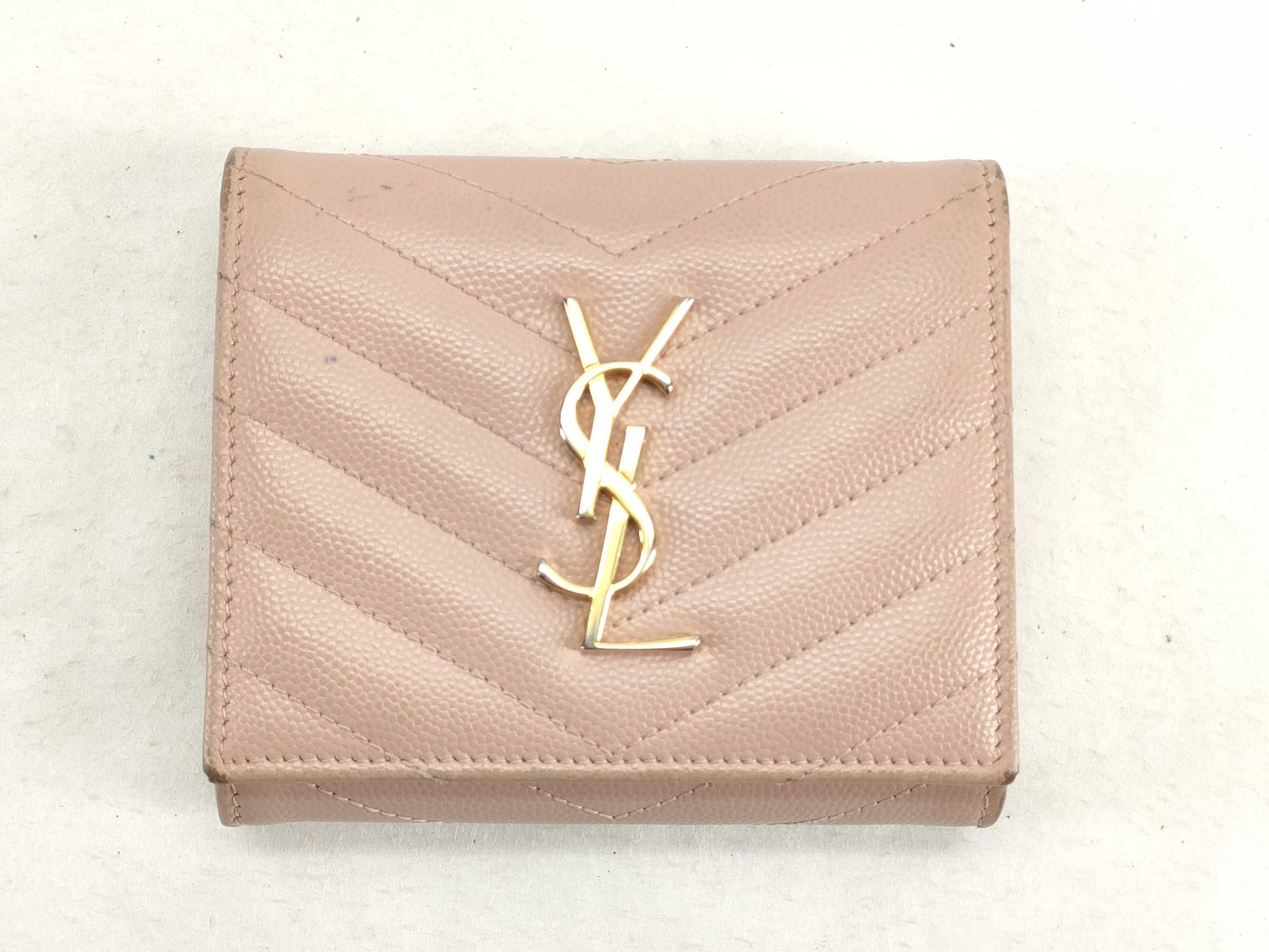 SAINT LAURENT Saint Laurent Paris V-Stitch Leather Compact Wallet, Beige, 362672
