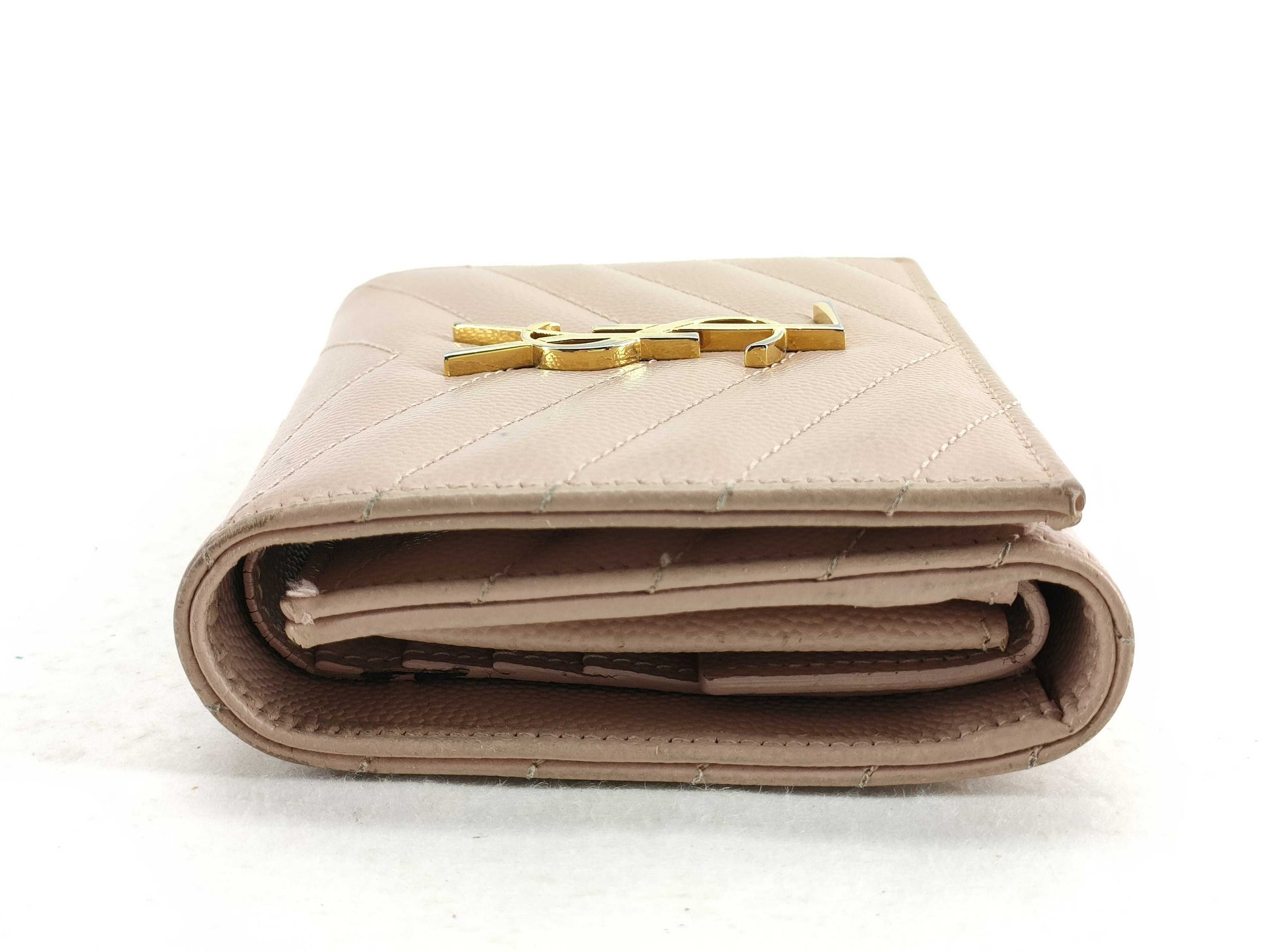 SAINT LAURENT Saint Laurent Paris V-Stitch Leather Compact Wallet, Beige, 362672