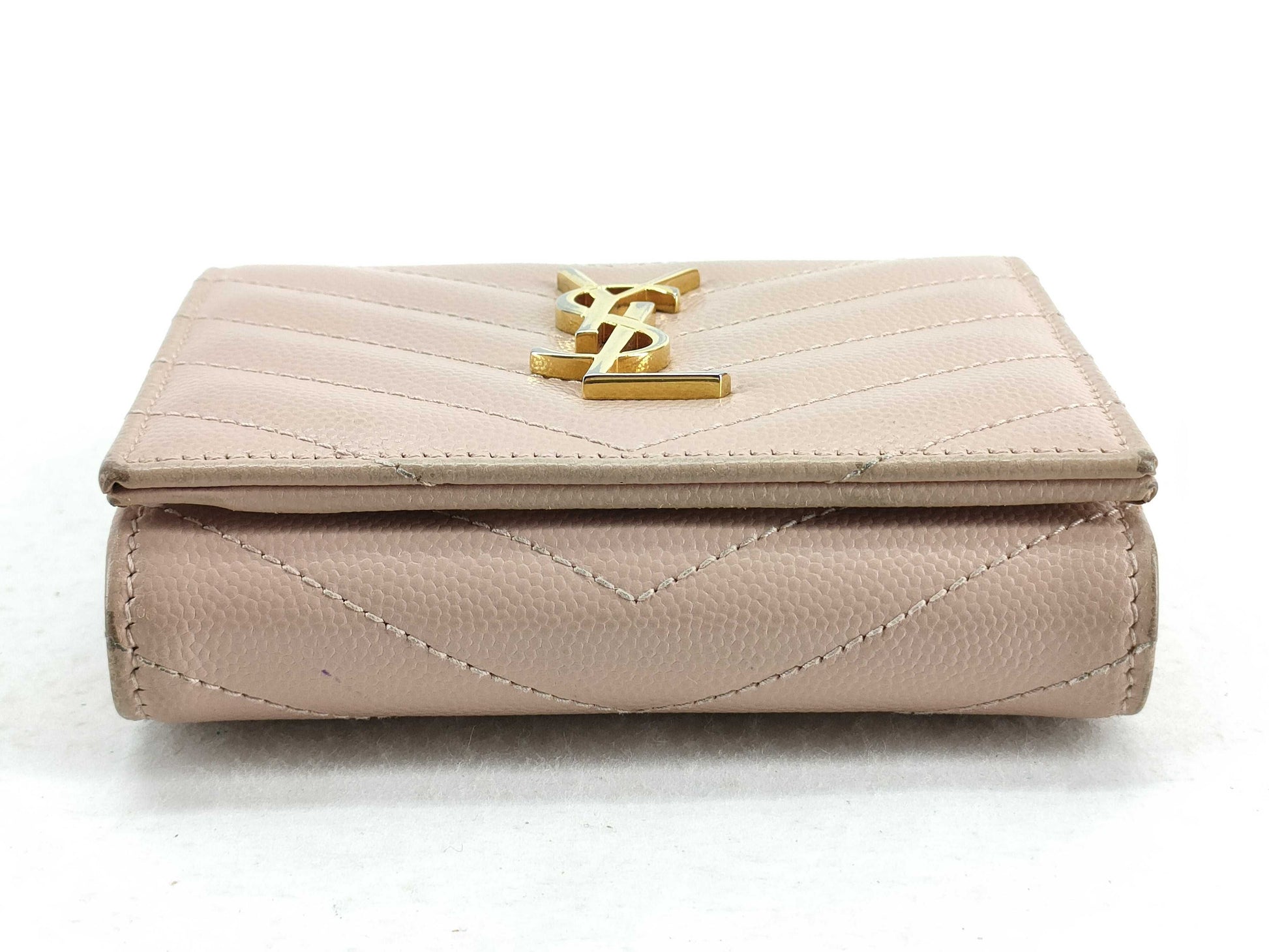 SAINT LAURENT Saint Laurent Paris V-Stitch Leather Compact Wallet, Beige, 362672