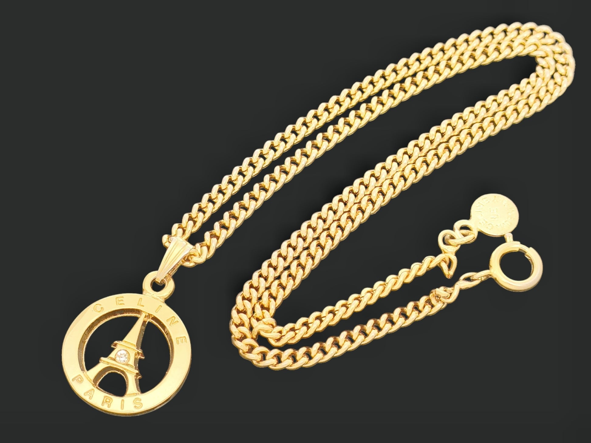 CELINE CELINE Gold-Colored Rhinestone Eiffel Tower Pendant Necklace, 14.8g