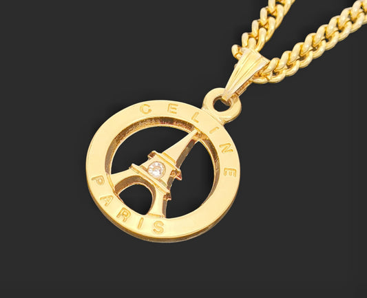 CELINE CELINE Gold-Colored Rhinestone Eiffel Tower Pendant Necklace, 14.8g