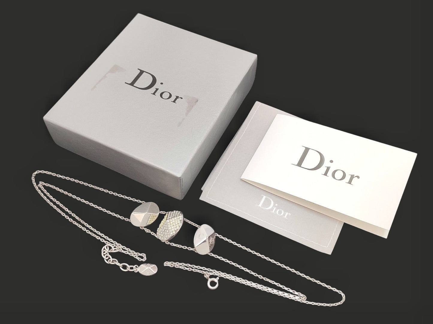 Dior Dior Silver Color Triple Logo Motif Yellow Rhinestone Double Chain Pendant Necklace