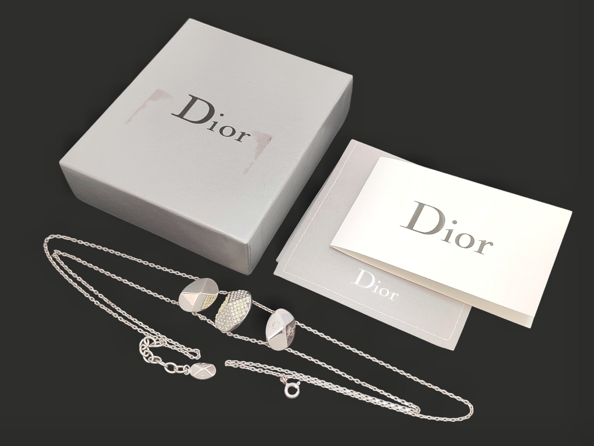 Dior Dior Silver Color Triple Logo Motif Yellow Rhinestone Double Chain Pendant Necklace