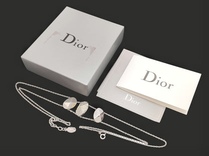 Dior Dior Silver Color Triple Logo Motif Yellow Rhinestone Double Chain Pendant Necklace
